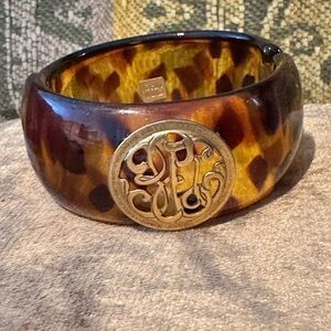 John Wind Tortoiseshell Hinged Bangle Bracelet with Gold Monogram Medallion